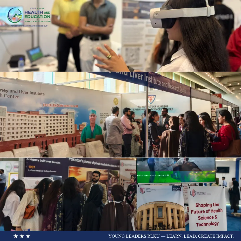 Young Leaders RLKU members exploring healthcare, education and virtual-reality exhibits at HESP Pakistan 2026.